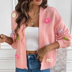 Colorful Crochet Daisy Flower Long Sleeve Open Waffle Knit Cardigan Sweater Pink